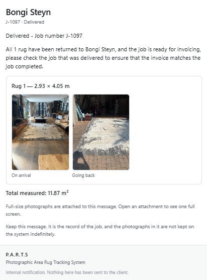 A delivered report email for job J-1097: 'All 1 rug have been returned', a card for Rug 1 at 2.93 × 4.05 m with an 'On arrival' photograph beside a 'Going back' photograph, the total measured area of 11.87 m², and a note that the full-size photographs are attached and the email is the record of the job.